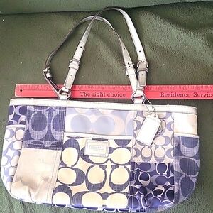 Coach navy, silver and blue signature tote